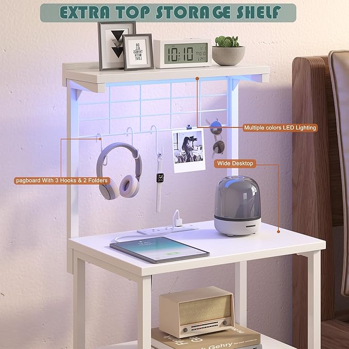 Tall Nightstands with Charging Station, LED Night Stand Bedsides with 2 PU Finish Fabric Drawers,Hooks,USB Port and Oepn Storage Shelves,Tall End Table Bedside for Bedroom,Office, White