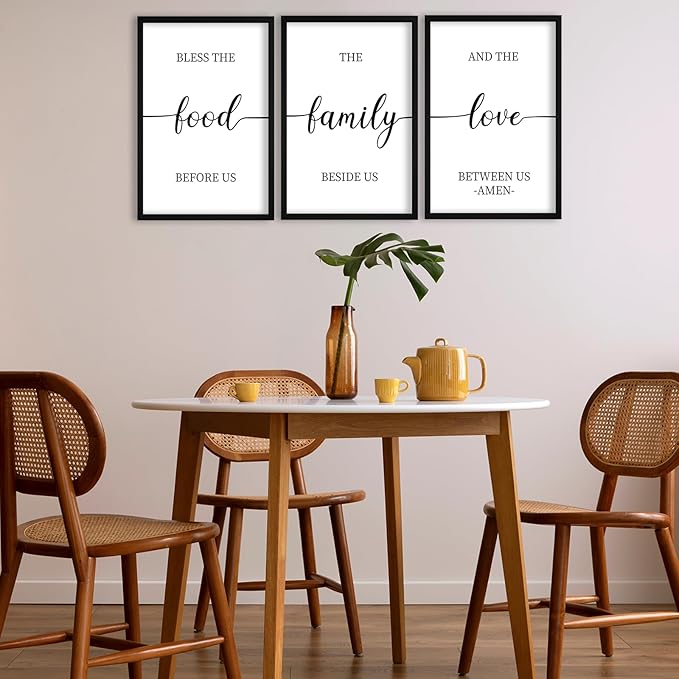 flowtorely Bless the Food Before Us Sign Wall Decor 16"×11" Set of 3 for Dining Room Kitchen Rustic Wood Framed Wall Hanging Art (Black)