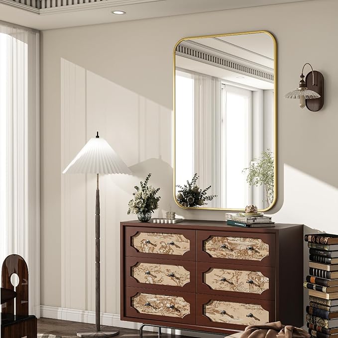 24x36 Inch Bathroom Mirror - Wall Mounted Vanity Mirror with Round Corner Aluminum Alloy Frame, Hanging Horizontally Vertically for Living Room, Bedroom, Hallway as Home Decor,Gold