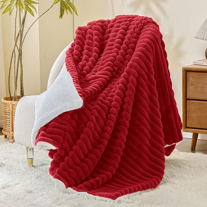 INFIIXSO Sherpa Throw Blanket for Couch - Super Soft & Warm Striped Fleece Blanket, Cozy Plush Fluffy Blanket All Season Use (Red, 50x60 Inches)