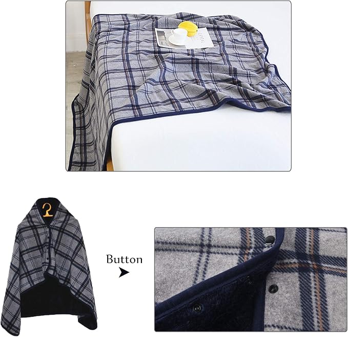 forestfish Fleece Wearable Blanket, Plaid Lap Blanket Comfy Poncho Throw with Buttons for Bed Sofa Office, Navy-Gray