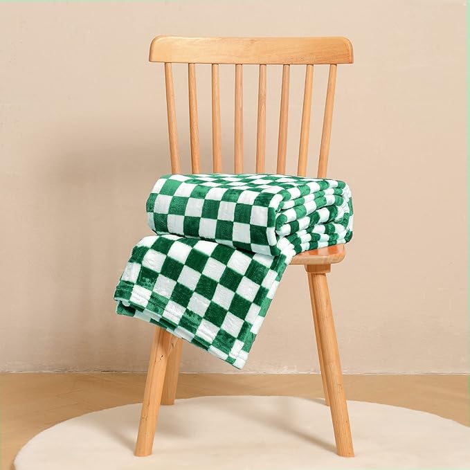 FY FIBER HOUSE Checkered Flannel Fleece Throw Blanket Queen Size Soft Cozy Checkerboard Grid Print Chessboard Gingham Pattern Blankets for Bed Couch Sofa, 90"x90", Green