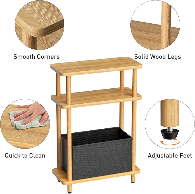 Narrow Side Table with Fabric Basket, 7" Wide, 3 Tier Skinny End Table with Wood Legs, Slim Nightstand/Bedside Table for Small Spaces, with Adjustable Feet, 15.7" L x 23" H
