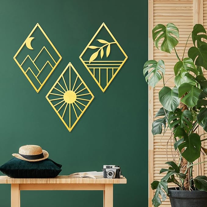 Sokurdeg Gold Metal Wall Art, Boho Minimalist Geometry Wall Art, Bohemian Abstract Line Metal Art Wall Decor for Bedroom Bathroom Living Room (3 Pack, 12 x 17 in)