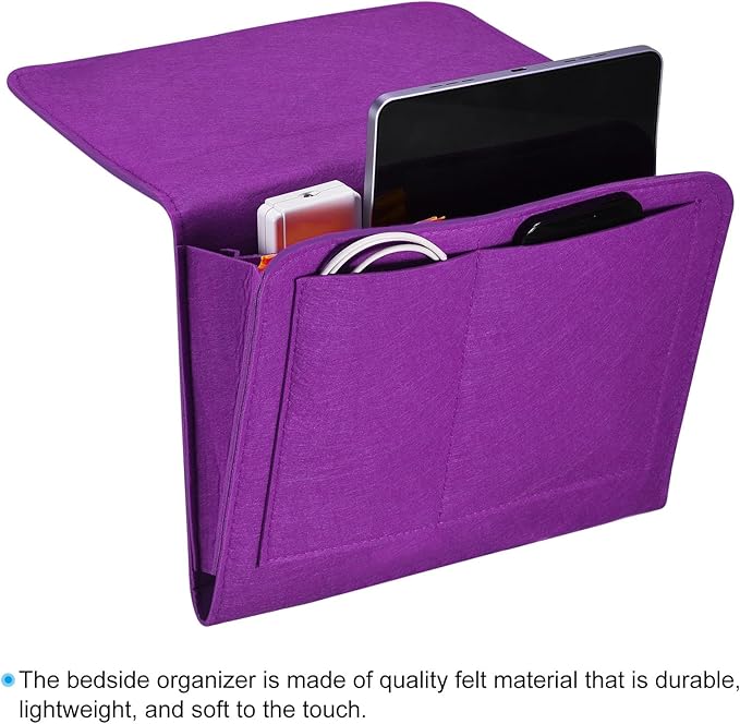 PATIKIL 11in Bedside Caddy, Bed Caddy Bedside Organizer Hanging Soft Felt 5 Pockets Bed Pockets Bedside Storage Organizer Remote Control Holder for Bedroom Phones Glasses, Purple