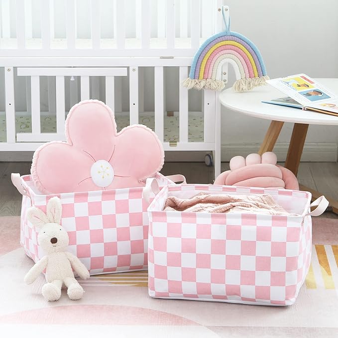 Hinwo Large Canvas Fabric Storage Basket with Handles, 33L/8.6-Gal Rectangle Bin, Collapsible Storage Box, Clothes, Toys, Blankets Organizer, 16.5 x 12 x 10 Inches (L, Pink Checkerboard)
