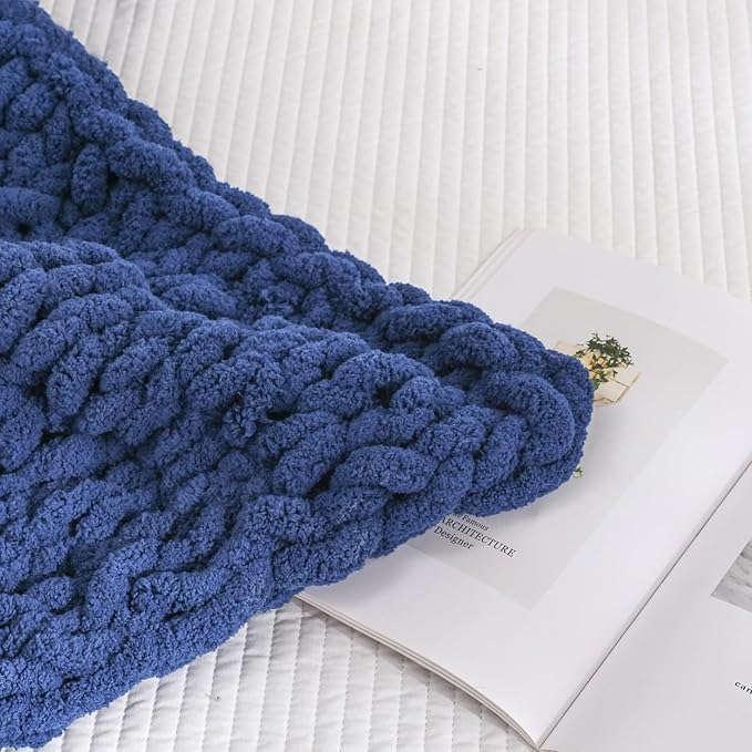 WESHIONGOO Chunky Knit Blanket Throw 51"×63" Knitted Throw Blankets for Couch Bed Fluffy Soft Blanket with Jumbo Chenille Yarn Thick 100% Handmade (Navy Blue)