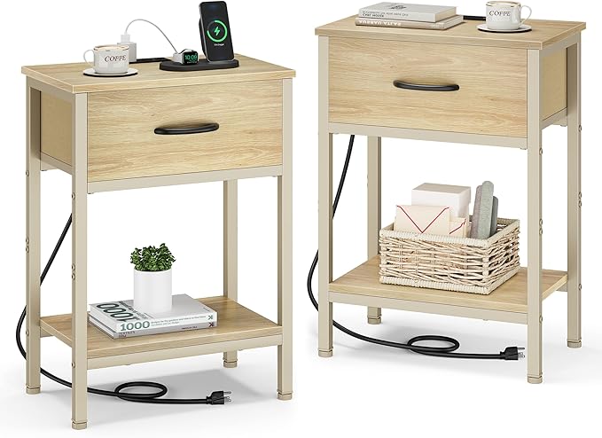 Vagusicc Nightstand Set of 2 with Charging Station, Bed Side Table with Fabric Drawer, Small End Table with 2-Tier Storage Shelves, 25.4" Tall Bedside Table, Night Stand for Bedroom Dorm, Natural