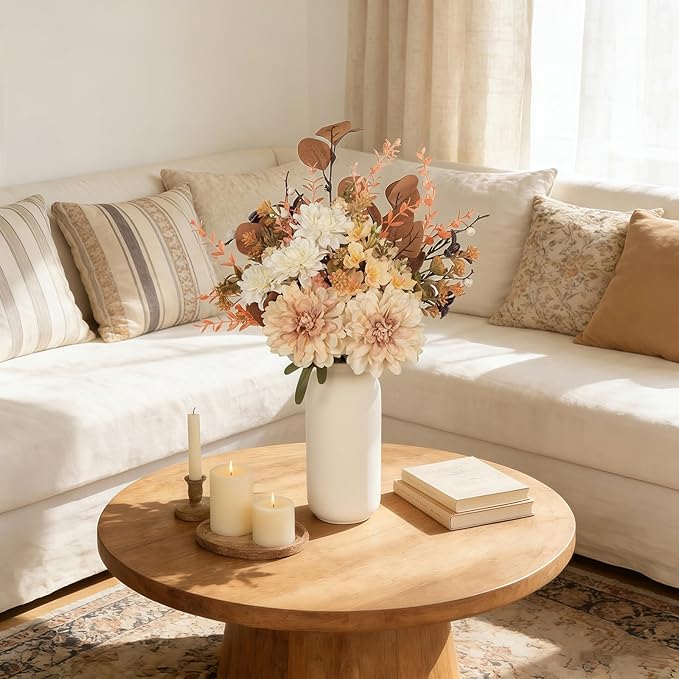 Artificial Fall Flowers Bouquet in Ceramic Vase, Faux Brown Flower Centerpieces for Coffee Table Decorations, Fake Silk Floral Arrangements for Thanksgiving Living Dining Room Bedroom Decor