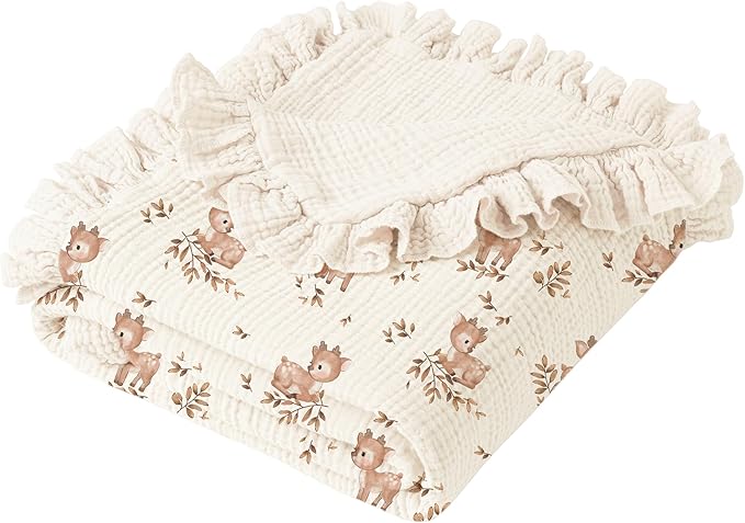 Konssy Flounce Muslin Baby Blanket for Girls Boys, 100% Cotton Soft Crib Swaddle Blankets, Reversible & Breathable Nursery Bedding for Newborns Toddlers, 40 x 36 Inches (Deer)