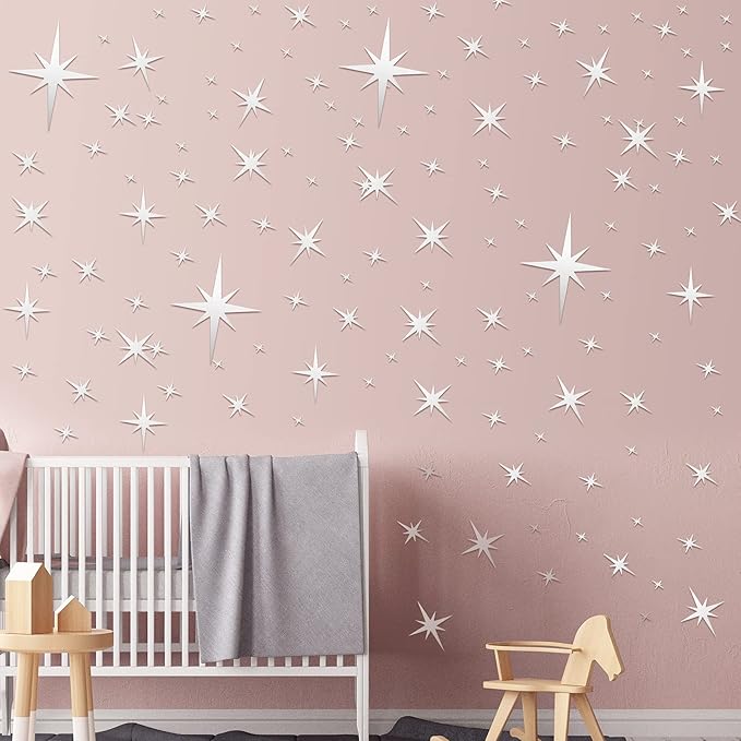 Zonon 82 Pieces Mirror Wall Stickers Star Wall Decals Decor Removable 3D Acrylic Mirror Star Setting Sticker for Ceiling Home Bedroom Living Room Girls Room Decor(Silver)