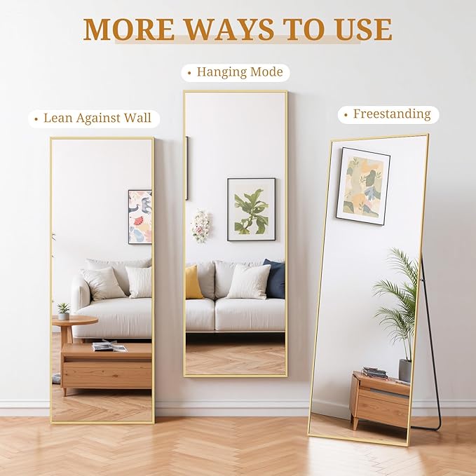 Full Length Mirror 64"x21" Full Body Mirror Rectangle Free Standing Wall Mounted Leaning Floor Mirrors with Stand Aluminum Alloy Frame for Bedroom Cloakroom, Gold