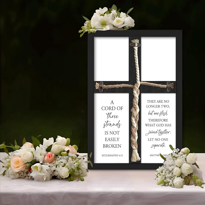 YWJKWLGS A Cord of Three Strands Wedding Ceremony Sign 15x10 Inch Anniversary Unity Knot Cross Christian Marriage Prayer Art Ideas Braid Rope Wall Decor for Couple Religious Wood Framed (Black)