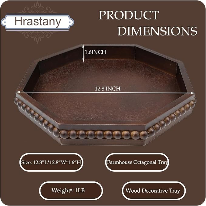 Hrastany Retro Brown Octagonal Wood Decorative Tray, Small Farmhouse Wooden Serving Tray with Beads, Versatile Coffee Table Tray for Kitchen Counter, Ottoman, Living Room