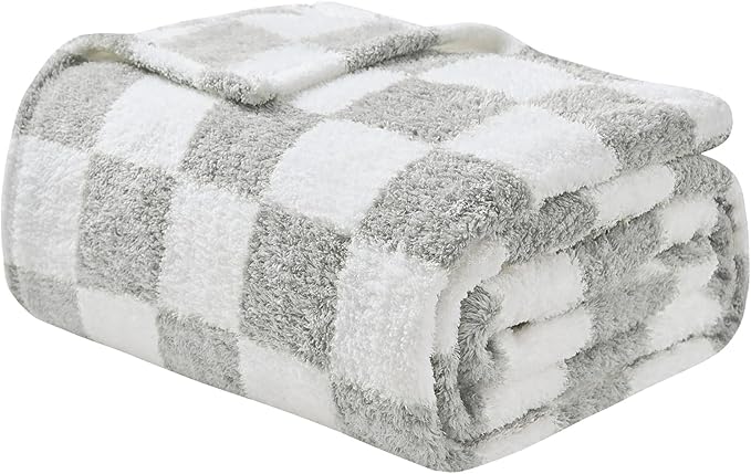 EMME Checkered Blanket Queen Size - 80"x90" Grey Knit Blanket Soft Fluffy Patterned Throw Blankets for Couch, Sofa, Chair, Bed, Camping, Picnic, Travel