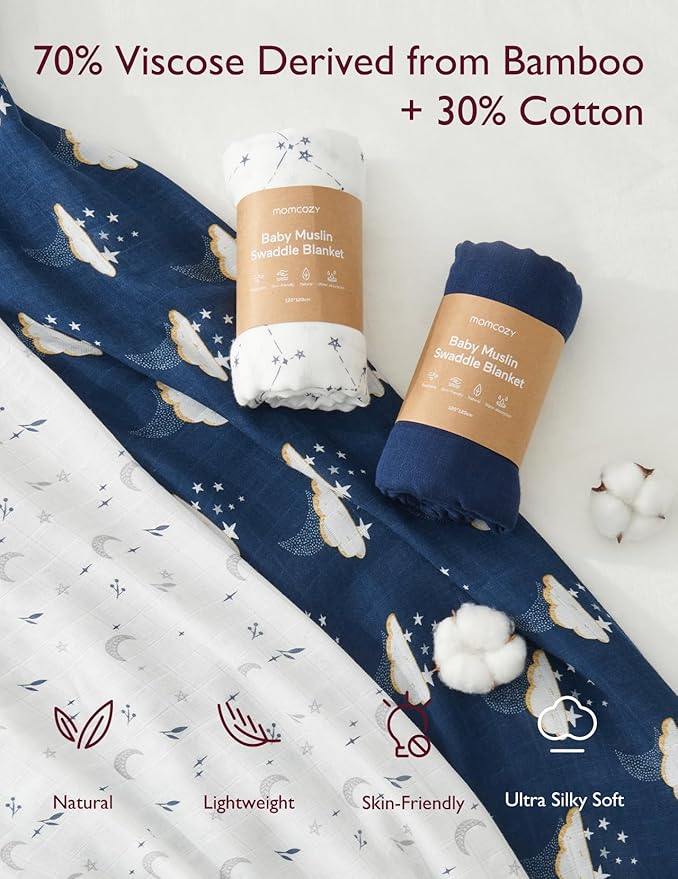 Momcozy Muslin Swaddle Blankets, 4-Pack Breathable and Skin-Friendly Receiving Blankets, Swaddle Blanket Shower Gifts & Baby Registry Essentials, Large 47"x47", Midnight Star Clouds