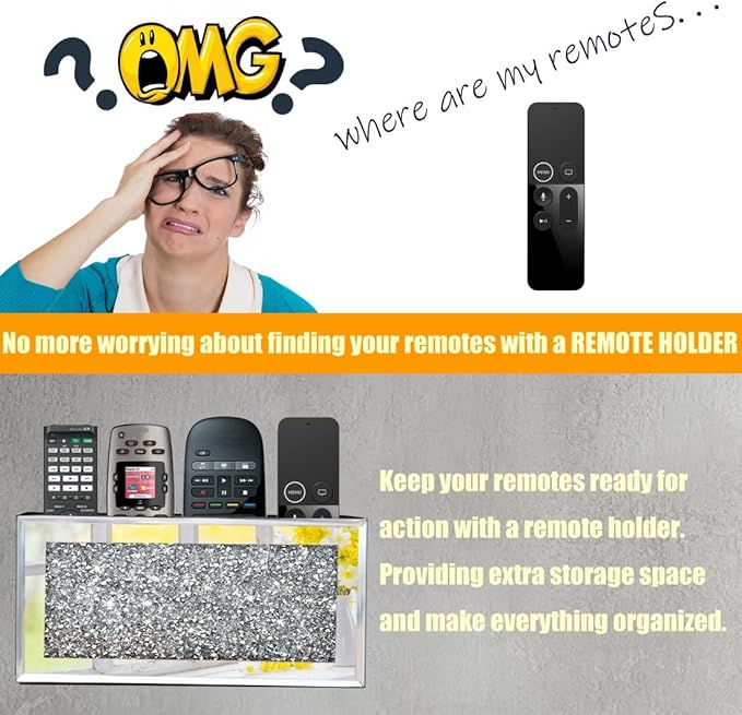 Mirrored Remote Holder, Wall Mounted Crush Diamond Bling Decoration Organizer Storage Box for Remote Phone Pad Wallet Notebook (8.3"×2.5"×4" For 3 or 4 Remote Controls) | Bling Decoration