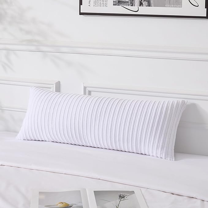 UGASA 14x36 Inch Pillow Cover Pack of 1 Soft Boho Stripe Corduroy Large Long Rectangular Lumbar Cushion Cover Farmhouse Decorative Throw Pillowcase for Bed Couch Sofa Bedroom Living Room, Pure White