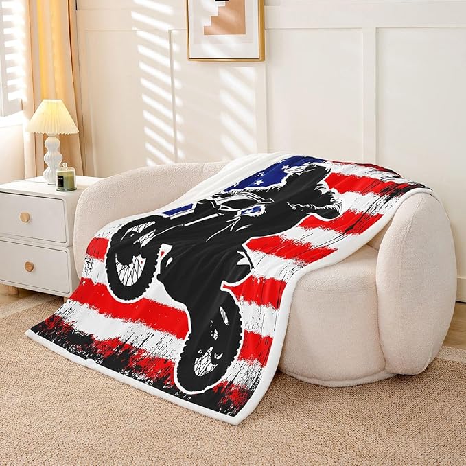Dirt Bike Fleece Throw Blanket Twin 60"X80" Retro American Flag Throw Blanket For Kids Boys Teen Men,Motocross Rider Sherpa Blanket Black Tie Dye Red Blue Usa Flag Plush Blanket For Bed Sofa Couch