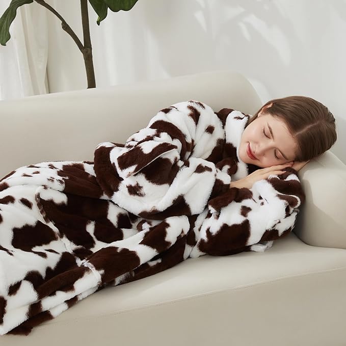 Softan Blanket Hoodie, Oversized Fleece Wearable Blankets for Women and Men Gifts, Cozy Warm and Soft Sweatshirt Blanket with Large Pocket, Brown Cow Print