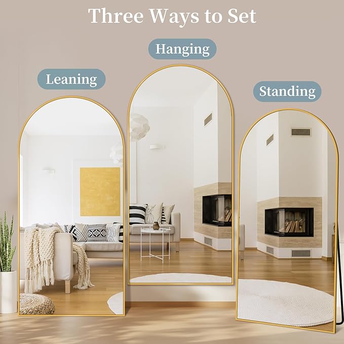 Full Length Mirror with Stand, 78"x38" Arched Full Body Mirror, Large Stand Up Mirrors, Aluminum Frame Floor Standing Mirrors, Freestanding Hanging Leaning Mounted for Bedroom Living Room, Gold