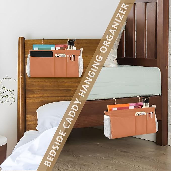Orange Bedside Caddy Storage Bag Bedside Organizer for Bed Rails College Dorm Room Hanging Bag Bedside Shelf 6 Pockets with Hooks for Glasses Book Tablet Holder