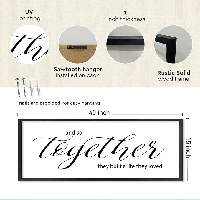 YWJKWLGS And So Together They Built a Life They Loved Family Sign Bedroom Decor Above Bed Wall Art 40x15 Inch Large Couple Love Quotes Framed for Master Room (Black)