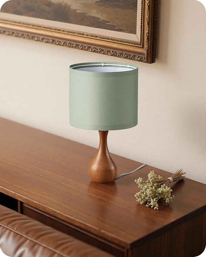 Green Table Lamp, 14.2" Small Bedside Lamp, Wood Table Lamp with Green Linen Lampshade & Dark Wood Base, Modern Nightstand Lamp for Bedroom, E26 Base, Bulb Not Included, LJ09TL05