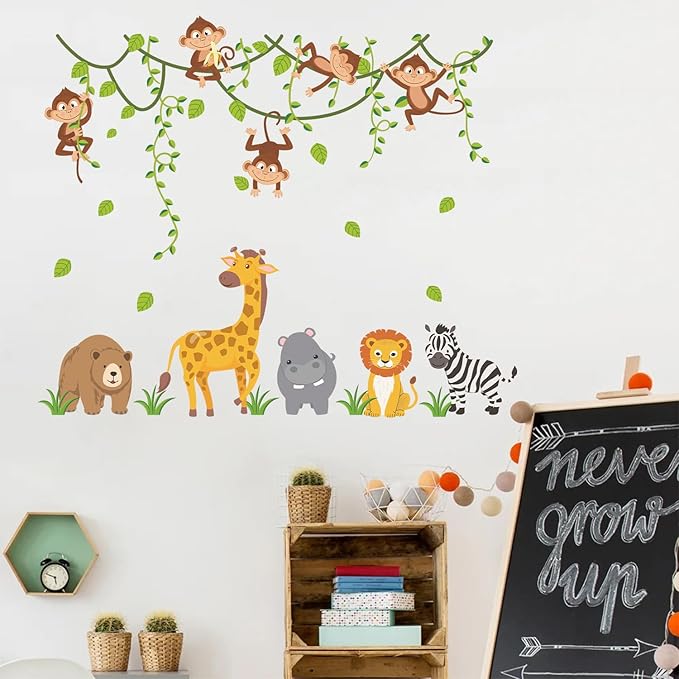 HLNIUC Jungle Themed Nursery Wall Decal 35”x24”Cartoon Safari Animals Wall Sticker Woodland Wildlife Monkey Giraffe Lion Window Cling Forest Tree Hanging Vine Room Stickers for Kids Room Bedroom Decor