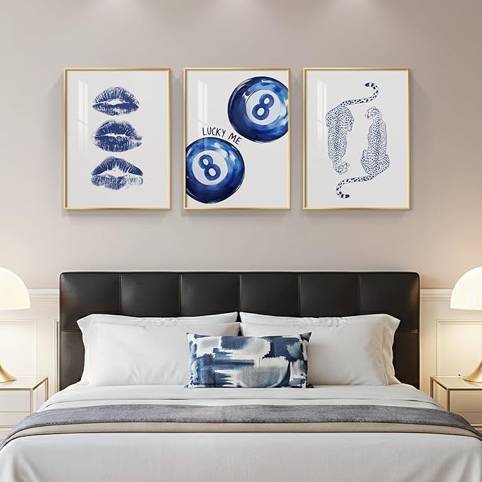 Framed Blue Aesthetic Wall Art for Room Decor, 3 Piece Pop Lip 8 Ball Cheetah Blue Artwork for Walls, Trendy Preppy Canvas Prints for Bedroom Living Room Hallway Apartment Wall Decor, 12x16 Inch