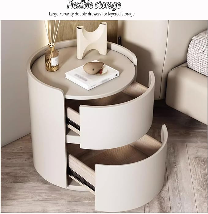 Wooden Nightstand Table with Drawer, Leather Bedside Storage for Bedroom and Living Room, Modern Round Design