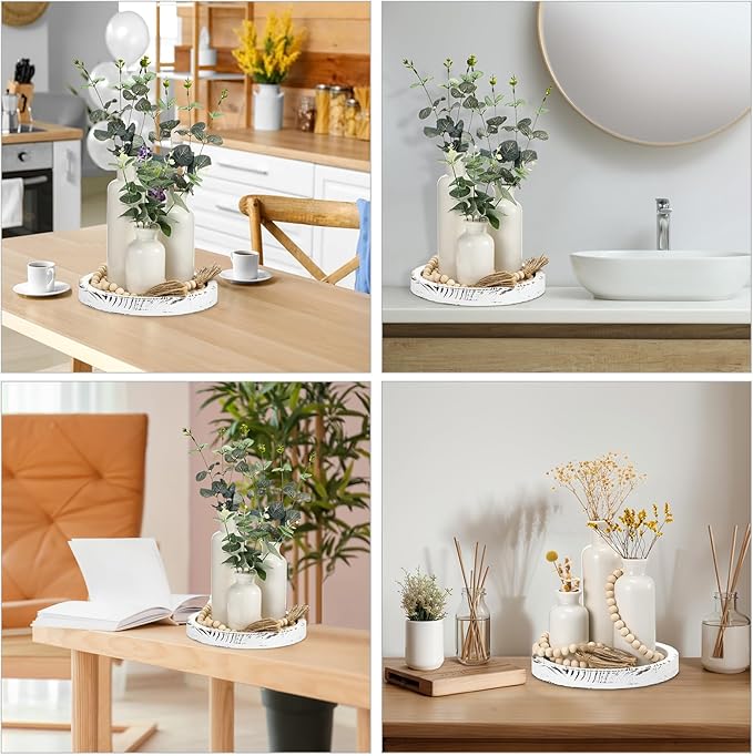 5 Pcs Rustic Country Tabletop Centerpieces Decor Set of 3 Boho Ceramic Vases with Wooden Serving Tray Wood Bead Garland Tassels Table Holder for Home Decorations(White)