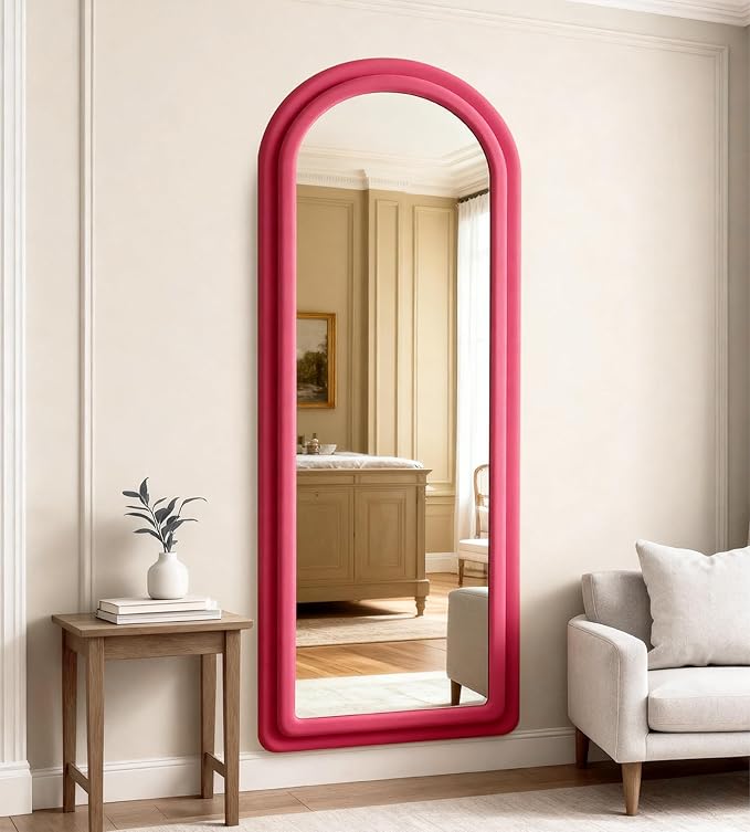 Full Length Mirror, Floor Mirror with Stand, 63"x24" Freestanding Arched Mirror Full Length Hanging or Leaning, Wall Mounted Mirrors with Flannel Frame, Large Mirrors for Bedroom (Rose Red)