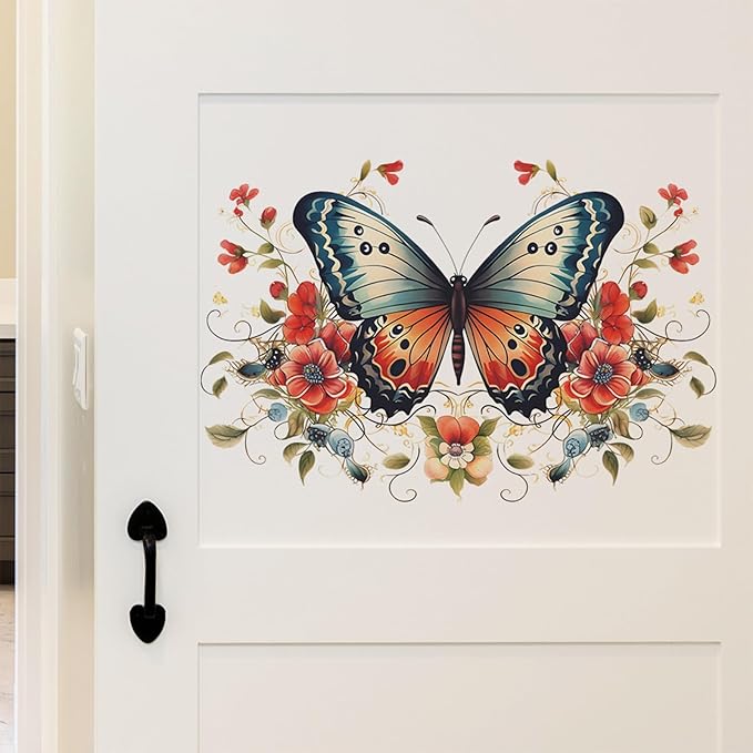 TUOKING Butterfly Red Flowers Wall Stickers Removable Wall Murals Peel and Stick Wall Art Decal Home Decor for Kitchen,Bedroom,Living Room(fun-e34)