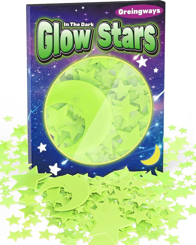 Greingways 201 Pcs Glow in The Dark Stars Stickers for Ceiling Bedroom, Stocking Stuffers for Kids Ages 3-5, 4-8, 8-12, Boys Girls Room Decor Wall Stickers Easter Basket Stuffers for Toddler - Green