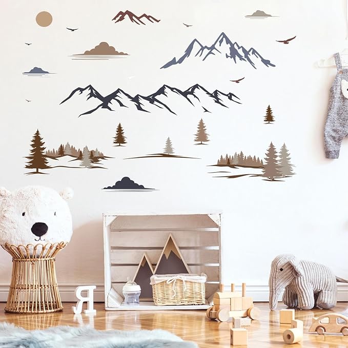 HLNIUC Big Mountain Wall Decal Peel and Stick 35”x16”Forest Nature Landscape Window Clings Mountain Ridge Pine Trees Removable Wall Stickers Art Geometric Mountains Room Decals for Living Room Bedroom