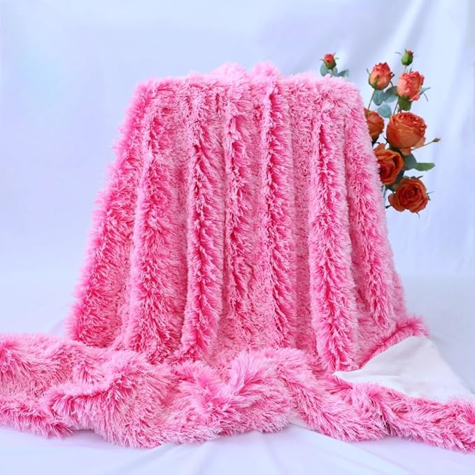 Plush Super Soft Blanket Bedding Sofa Cover Furry Fuzzy Fur Warm Throw Qulit Cozy Couch Blanket for Winter (63"x79",Rose Pink and White)
