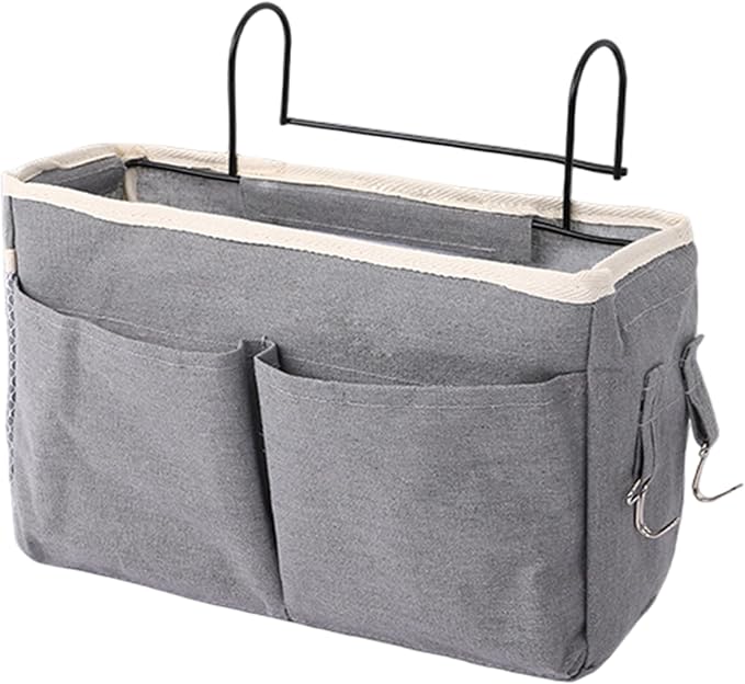 Large Capacity Bedside Storage Organizer - Cotton Linen Bedside Caddy with Pockets Hooks for Headboards Bunk Bed/ 11x4x7.5