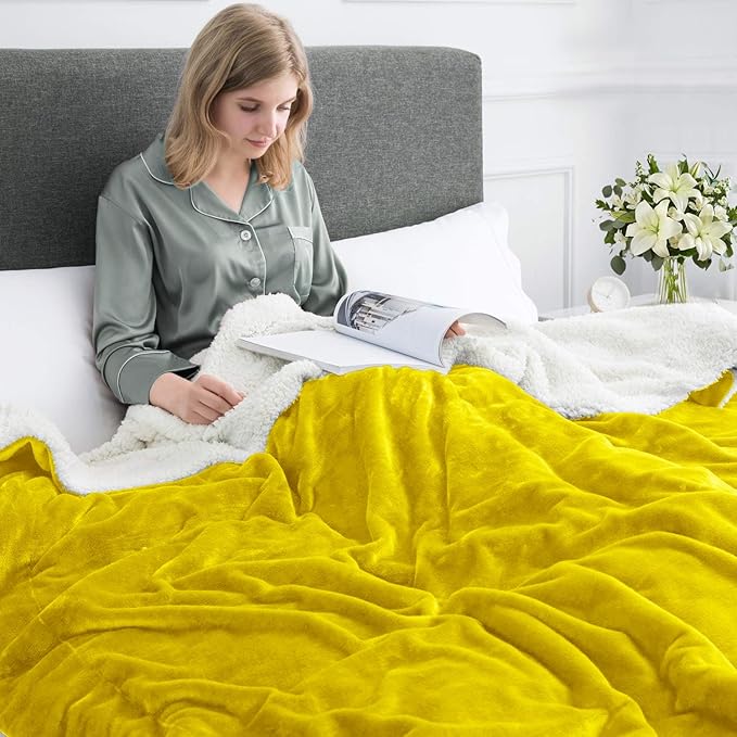 MOONLIGHT20015 Ochre Sherpa Fleece Throw Blanket Twin Size for Bed - Wholesale Bulk Pack of 12 Sherpa Blankets - Soft Fluffy Throw Blankets for Hotels, Guest Bedroom (Yellow, 60x80 Inches)