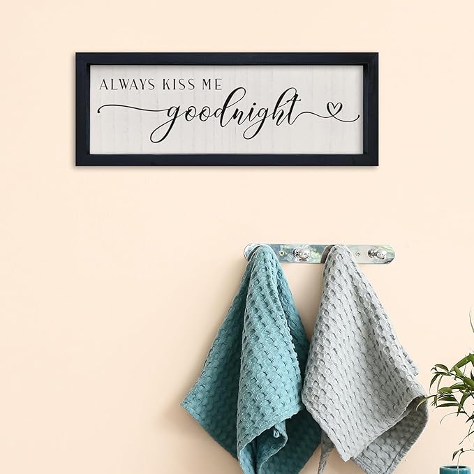 comurdyo Love Theme Always Kiss Me Goodnight Sign 16"×6" Romantic Couple Small Wood Frame for Framed Modern Farmhouse Master Bedroom Above bed Plaque Horizontal Wall Art Decor (Black)