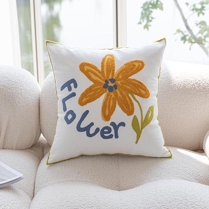 YIcabinet Pillow Covers Set of 2, Embroidered Yellow Flower Pattern Throw Pillow Cover,Square Cotton Cushion,Pillow Case for Sofa Bedroom Couch,18"x18"