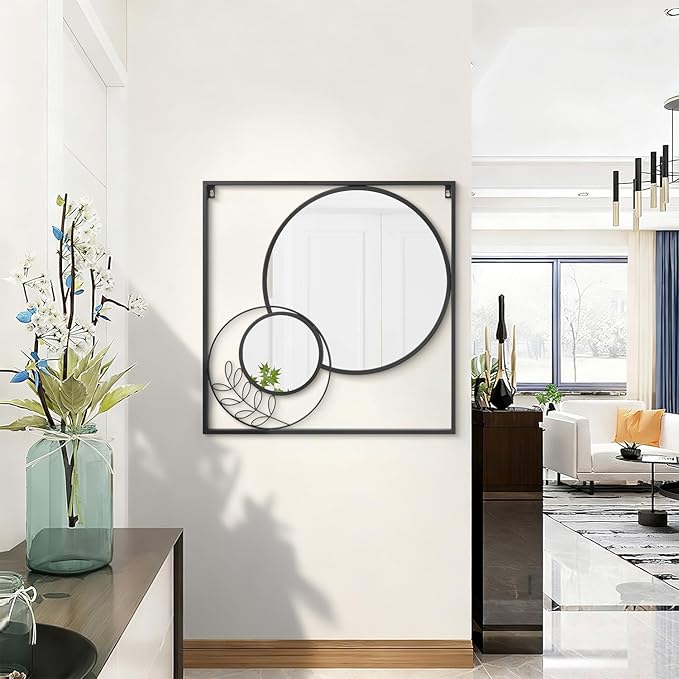 Black Large Square Mirror, Round Wall Mounted Mirror Set Circle Modern Decorative Mirrors for Living Room Bedroom Entryway 30x30 Inch Decor