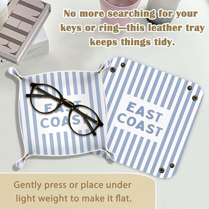 Coastal Cowgirl East Coast Leather Jewelry Valet Tray,Beach Lovers Gifts PU Leather Catchall Beside Caddy Nightstand Organizer Tray for Jewelry Rings Watches Keys and Accessories,7.8x7.8inch