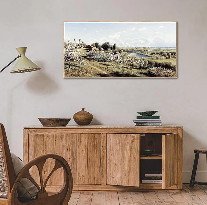 DJSYLIFE Framed Canvas Wall Art Vintage Apple Blossoms Wall Picture Rustic Nature Landscape Painting Canvas Print Large Countryside Farmhouse Artwork Home Living Room Bedroom Decorations 20"x40"