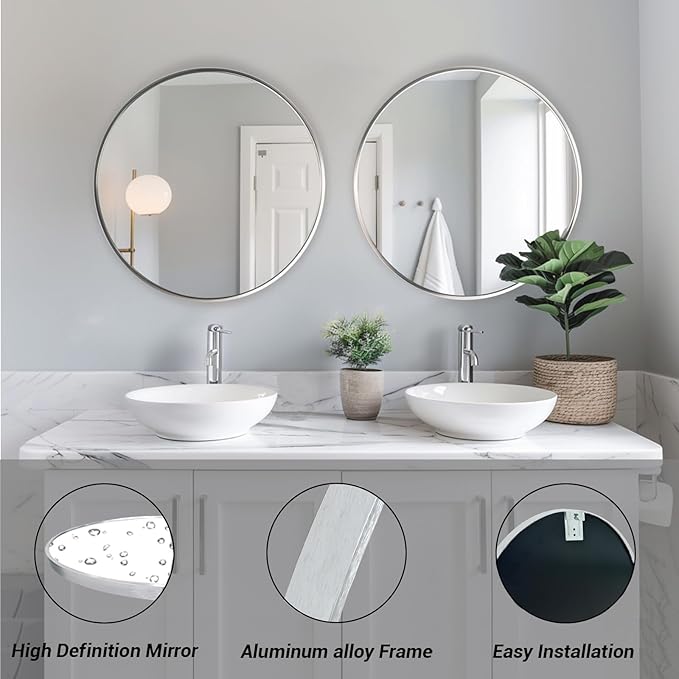 Silver Round Mirror 24 inch, 2 Pack Silver Circle Mirror, Round Bathroom Mirrors Metal Frame for Bathroom, Bedroom, Living Room, Hallway.