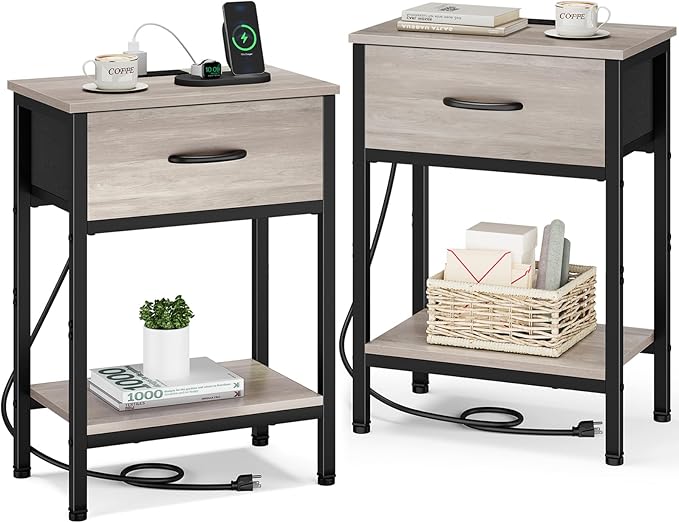 Vagusicc Nightstand Set of 2 with Charging Station, Bed Side Table with Fabric Drawer, Small End Table with 2-Tier Storage Shelves, 25.4" Tall Night Stand Bedside Table for Bedroom Living Room, Greige
