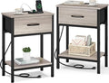 Vagusicc Nightstand Set of 2 with Charging Station, Bed Side Table with Fabric Drawer, Small End Table with 2-Tier Storage Shelves, 25.4" Tall Night Stand Bedside Table for Bedroom Living Room, Greige