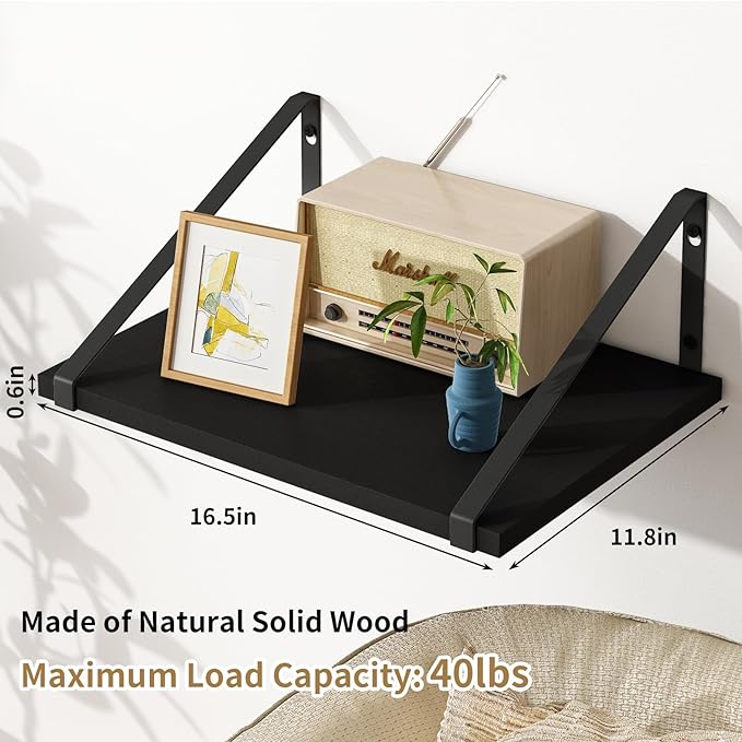 Fixwal Floating Shelves for Wall, 16.5 X 12 X 0.6in Black Shelves for Bedroom, Large Wall Shelf for Living Room, Kitchen, Bathroom, Laundry Room and Decor Storage
