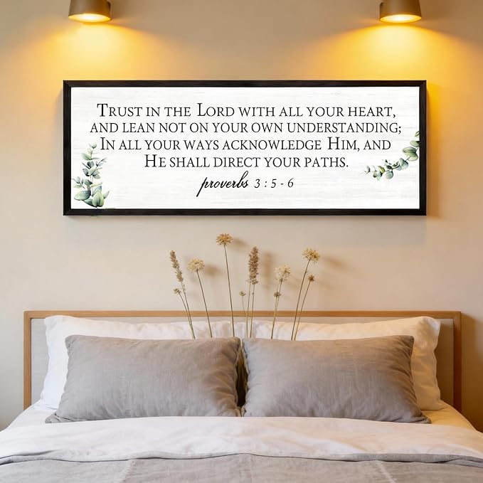Trust in the Lord with All Your Heart Wall Art: 40"x15" Framed Bible Verse Wooden Sign, Proverbs 3:5–6 Christian Wall Decor, Large Rustic Scripture Home Decor, Black