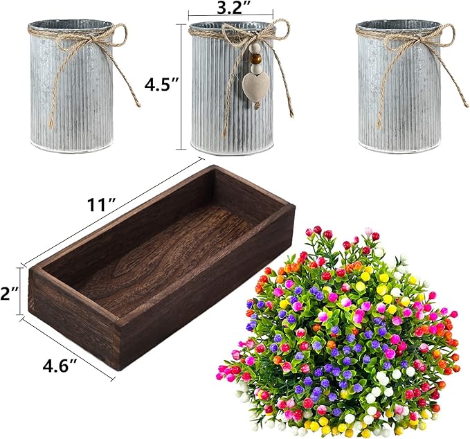 Table Centerpiece Decoration Artificial Flower Set with 3 Fake Milan Bouquet and Wood Tray for Desk Home Bathroom Office Décor